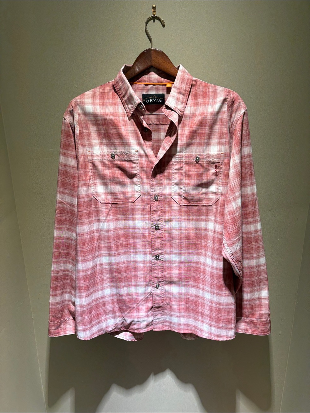 Orvis Men's Red and White Plaid Button-Down Shirt